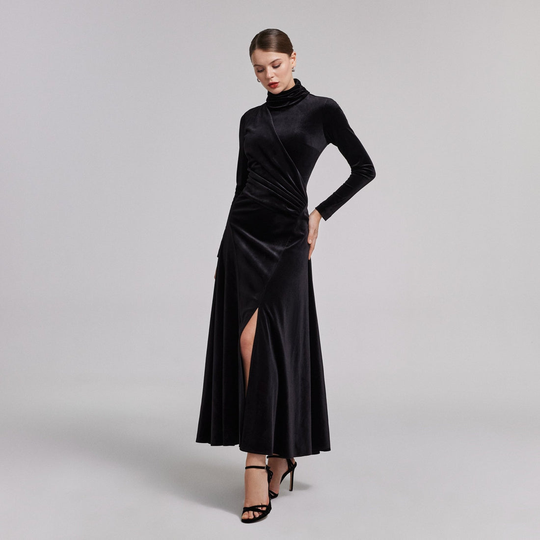 Black Velvet Mock Neck Maxi Dress - shopaleena