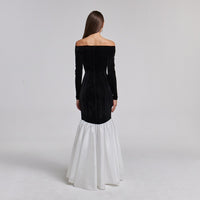 Black Velvet Off Shoulder Maxi Dress with White Ruffles - shopaleena