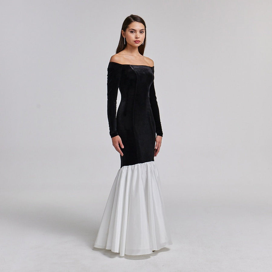 Black Velvet Off Shoulder Maxi Dress with White Ruffles - shopaleena