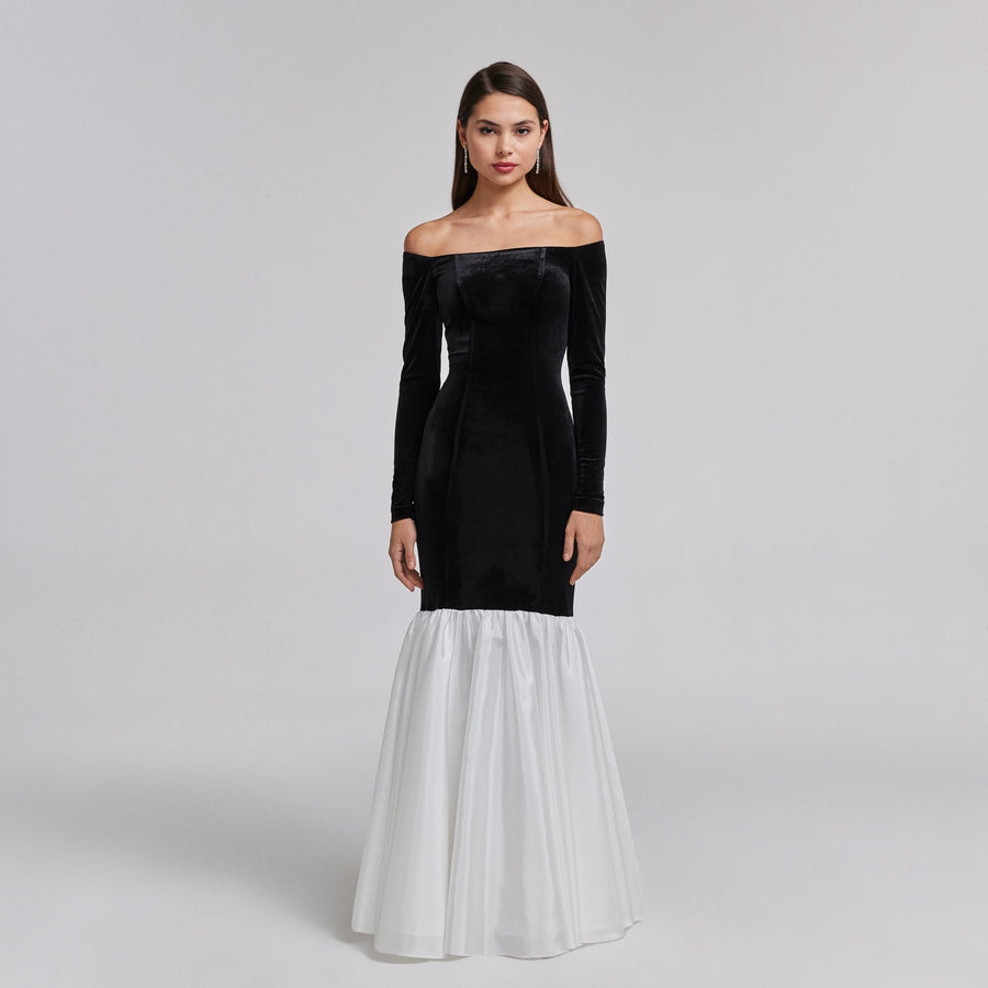 Black Velvet Off Shoulder Maxi Dress with White Ruffles - shopaleena