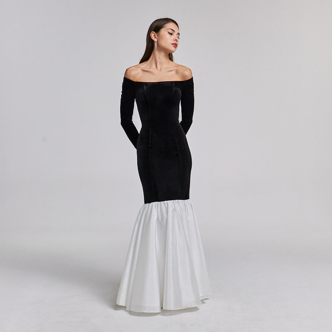 Black Velvet Off Shoulder Maxi Dress with White Ruffles - shopaleena