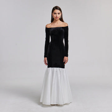 Black Velvet Off Shoulder Maxi Dress with White Ruffles - shopaleena