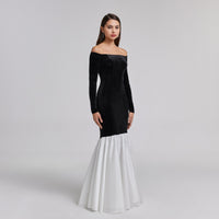 Black Velvet Off Shoulder Maxi Dress with White Ruffles - shopaleena