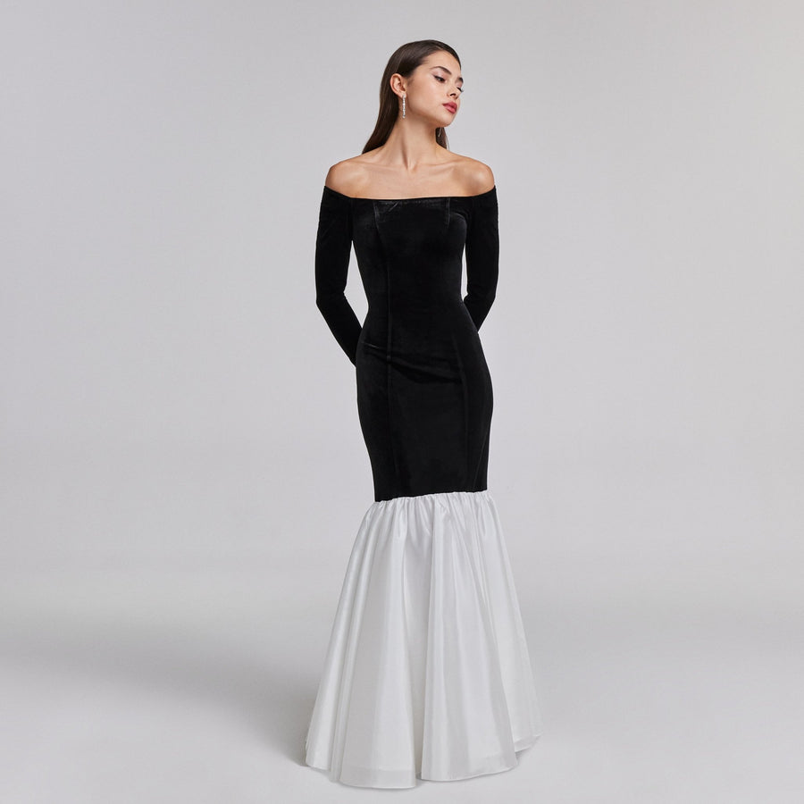 Black Velvet Off Shoulder Maxi Dress with White Ruffles - shopaleena