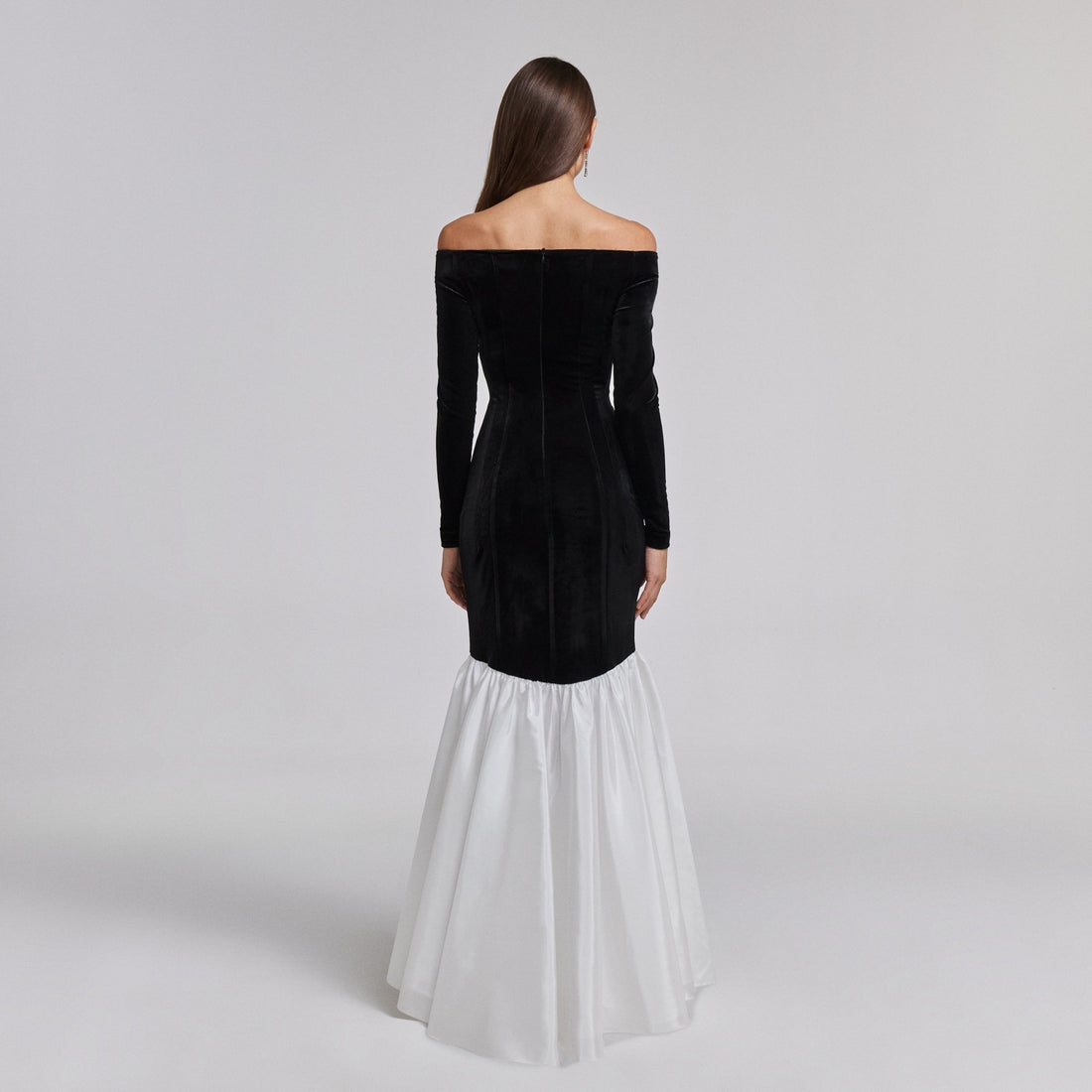 Black Velvet Off Shoulder Maxi Dress with White Ruffles - shopaleena