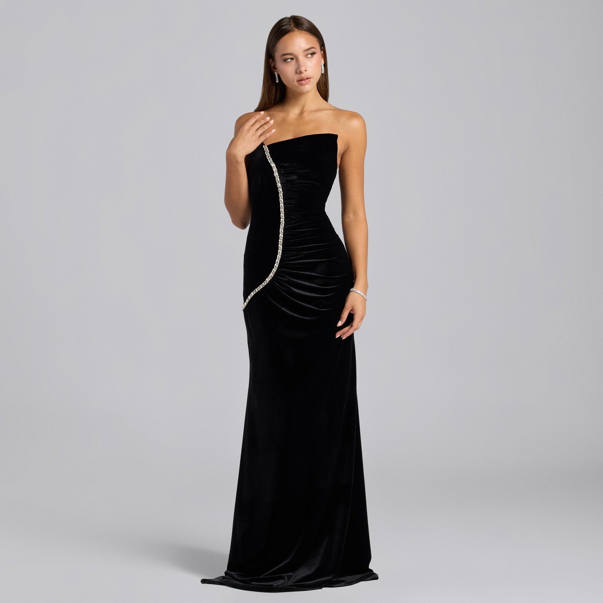 Black Velvet One Shoulder Fitted Maxi Dress - shopaleena