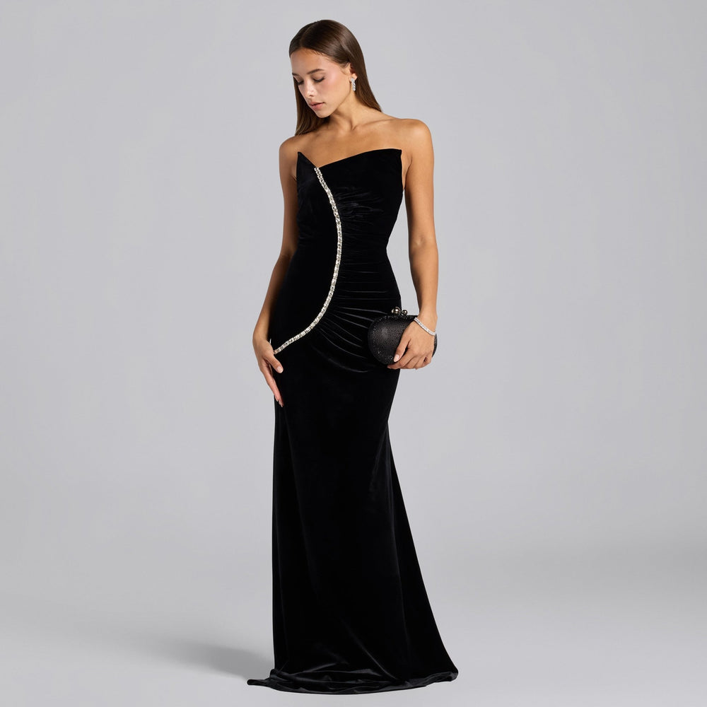Black Velvet One Shoulder Fitted Maxi Dress - shopaleena