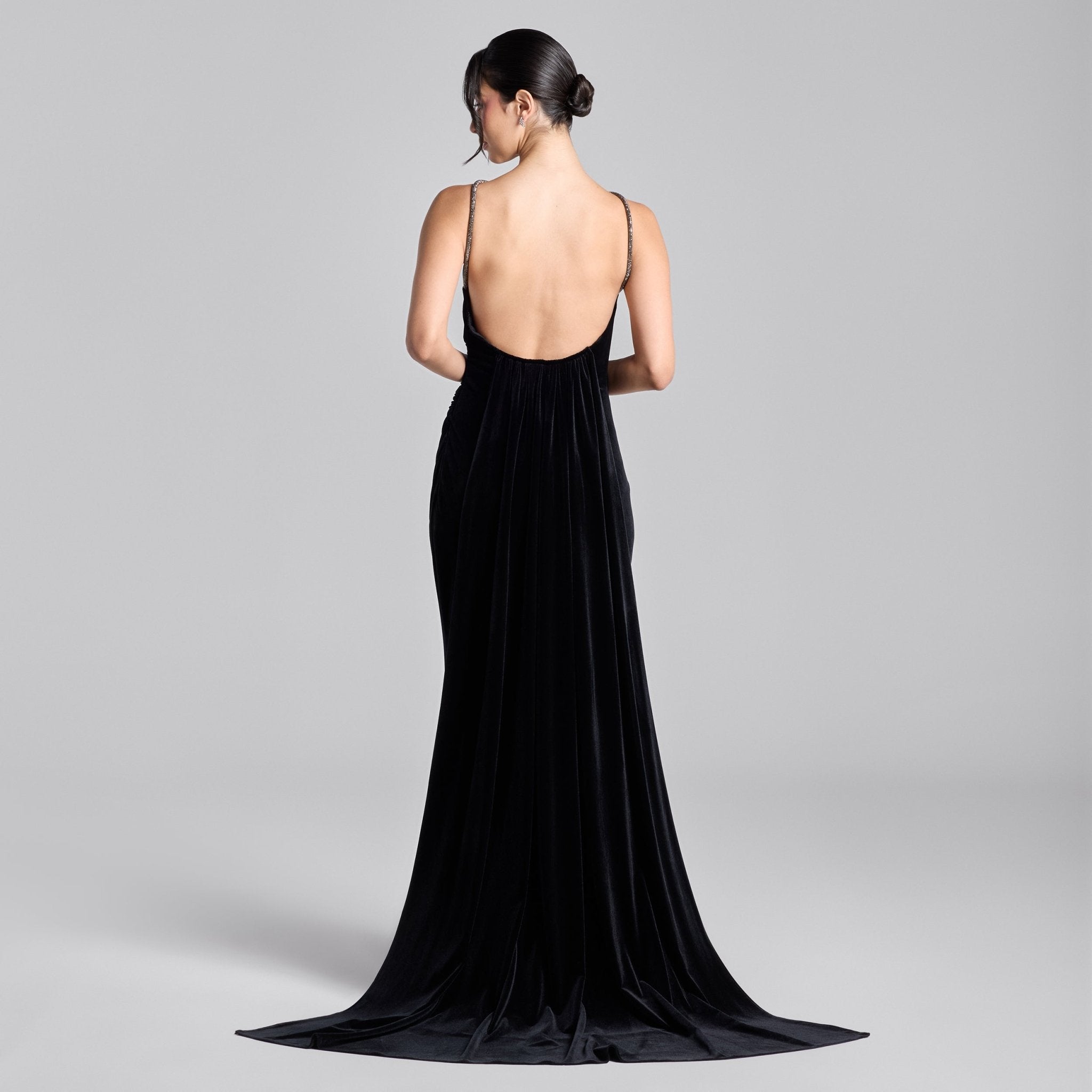Black Velvet Open Back Gown - shopaleena