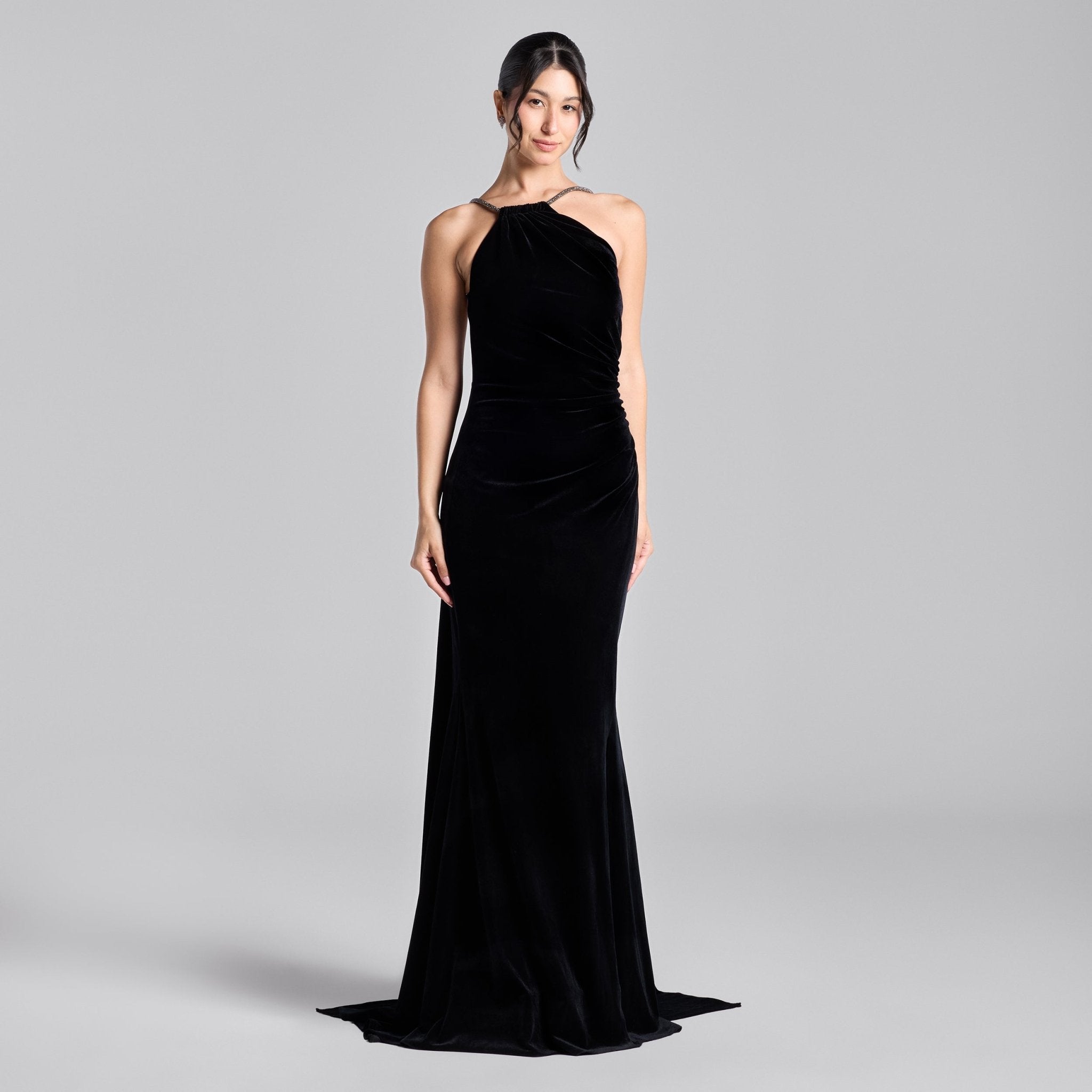 Black Velvet Open Back Gown - shopaleena