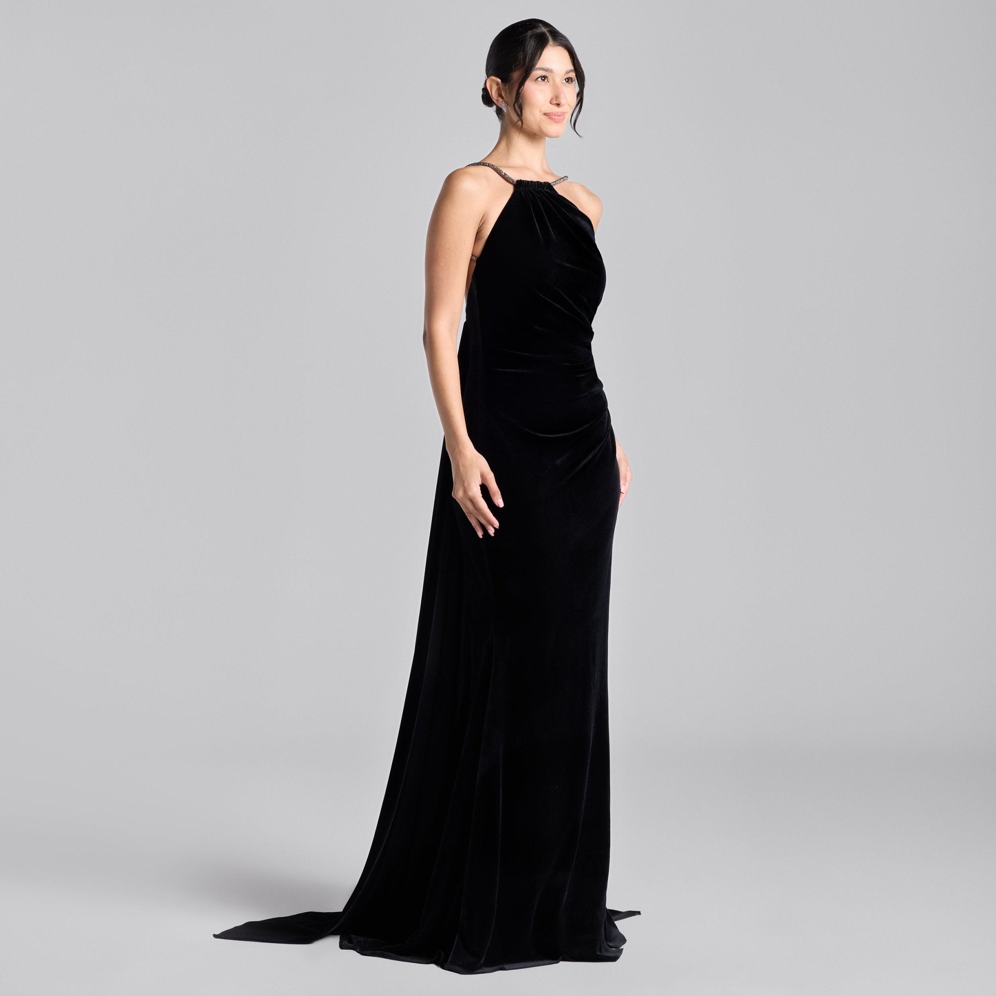 Black Velvet Open Back Gown - shopaleena