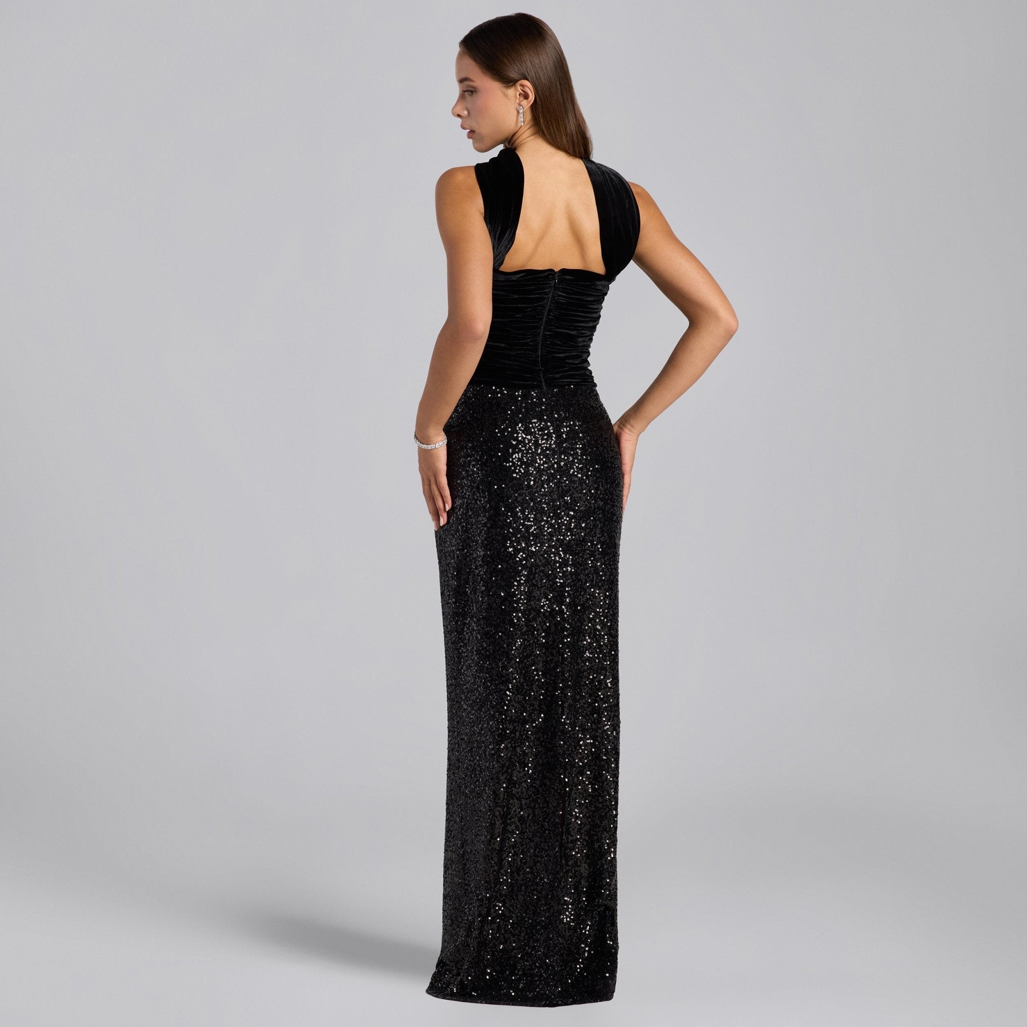 Black Velvet & Sequin Strapless Maxi Dress - shopaleena