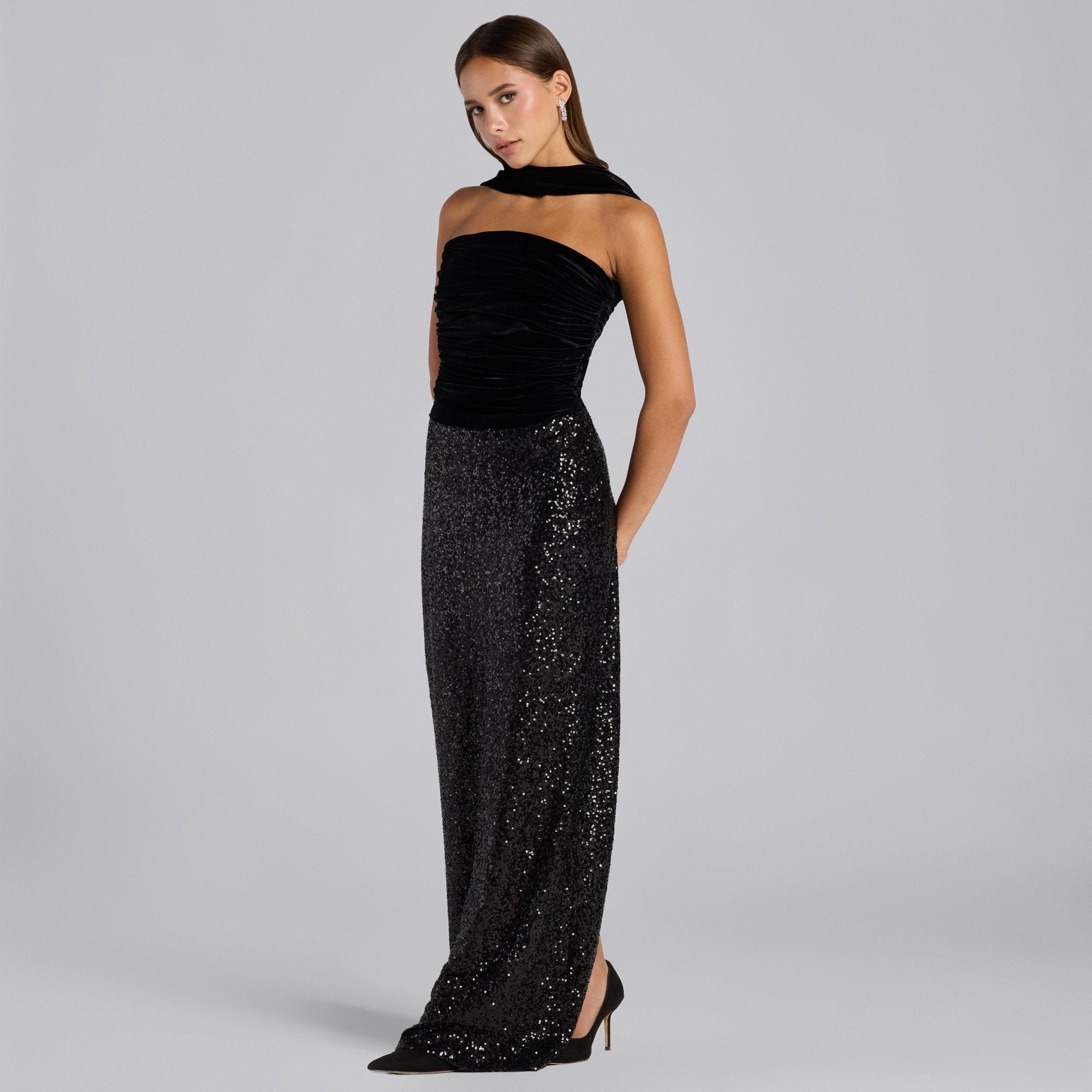 Black Velvet & Sequin Strapless Maxi Dress - shopaleena