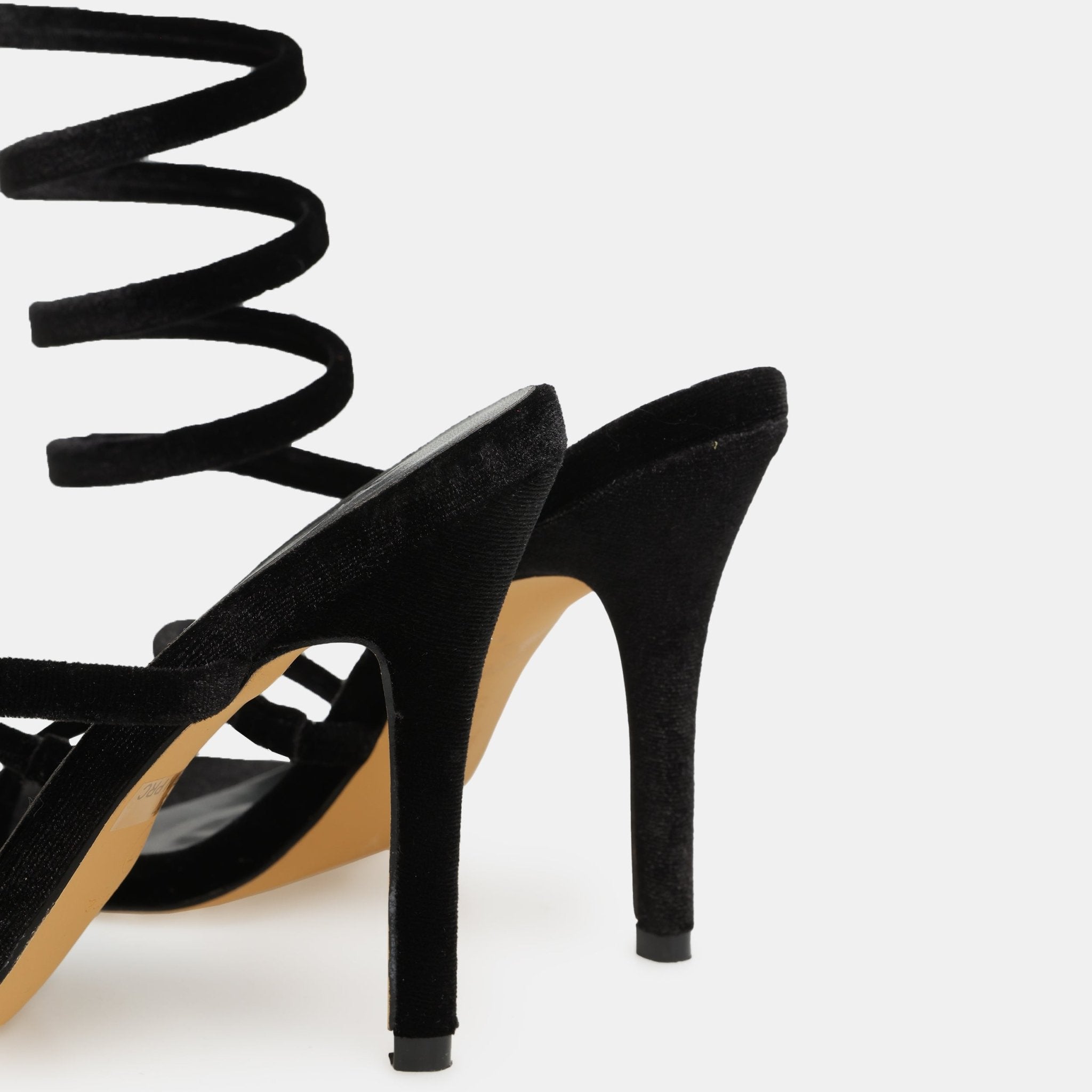 Black Velvet Spiral Strap High Heel Sandals - shopaleena
