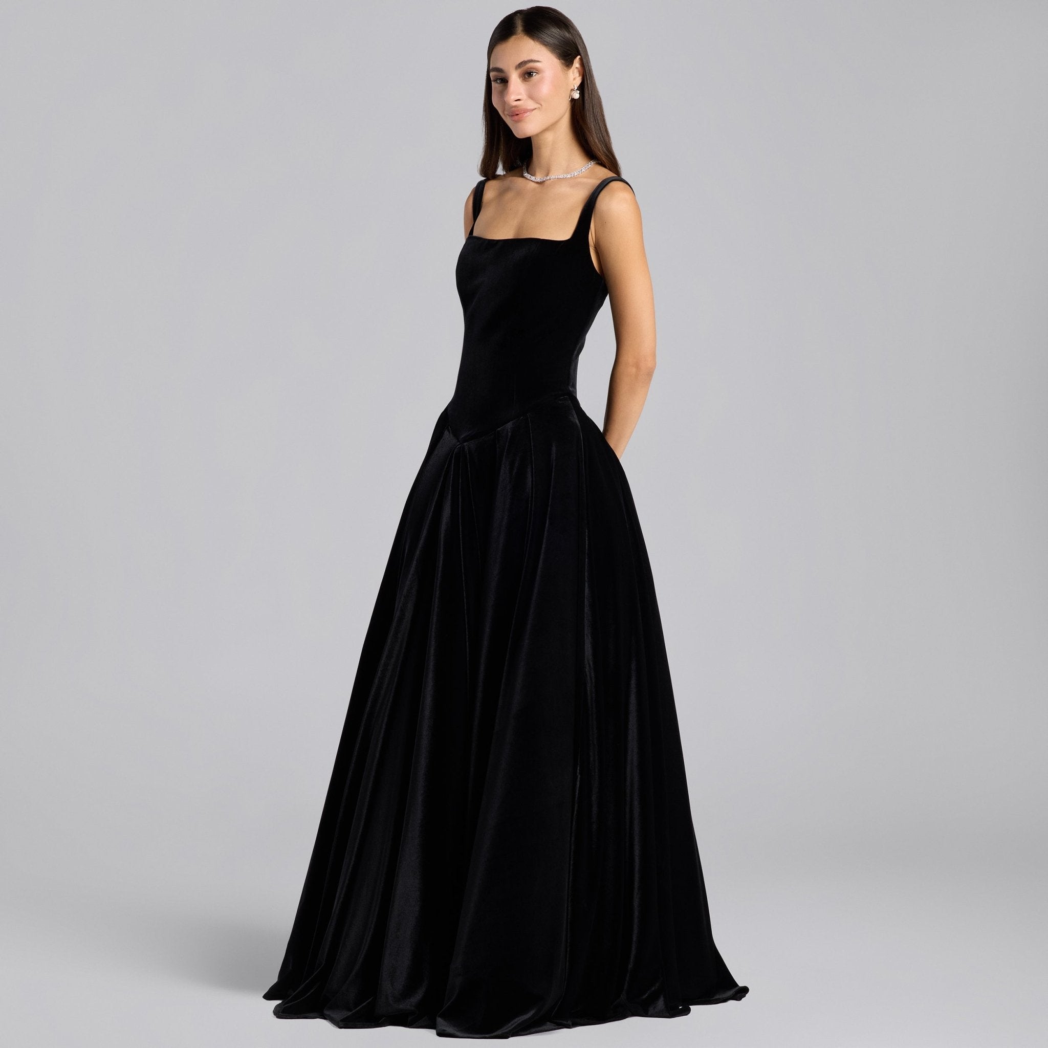 Black Velvet Voluminous Skirt Gown - shopaleena