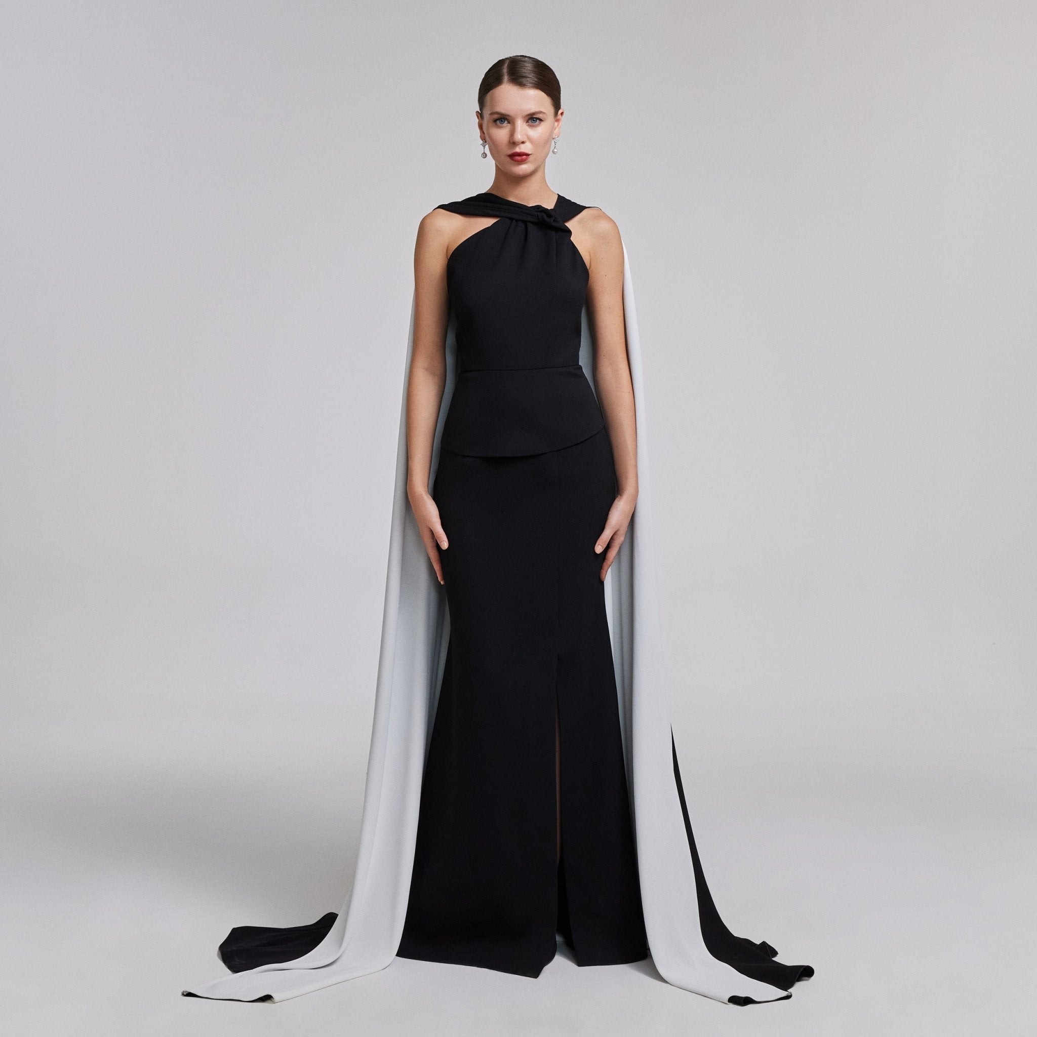 Black & White Cape High - Slit Gown - shopaleena