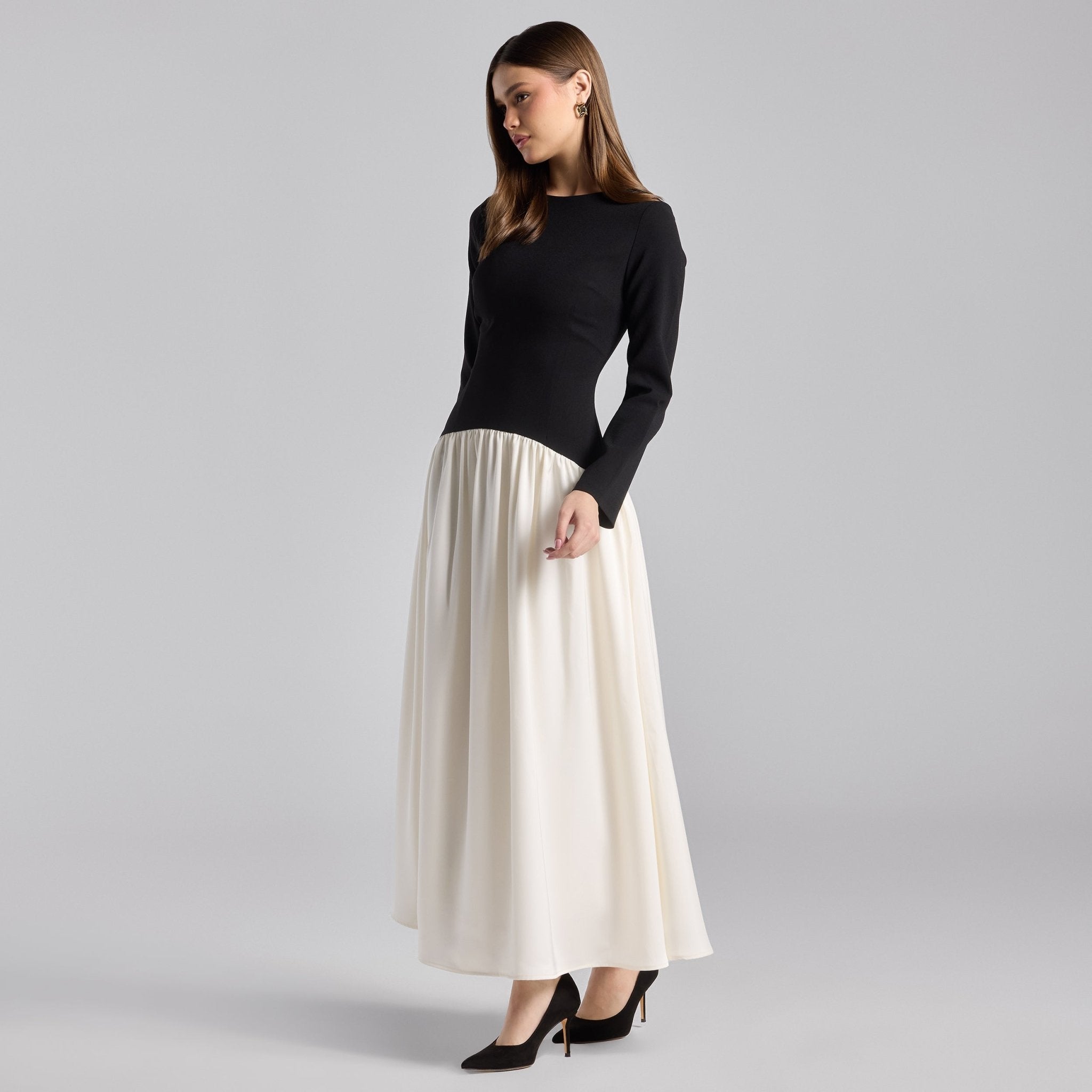 Black & White Crepe and Satin Flared Skirt Midi Dress - shopaleena