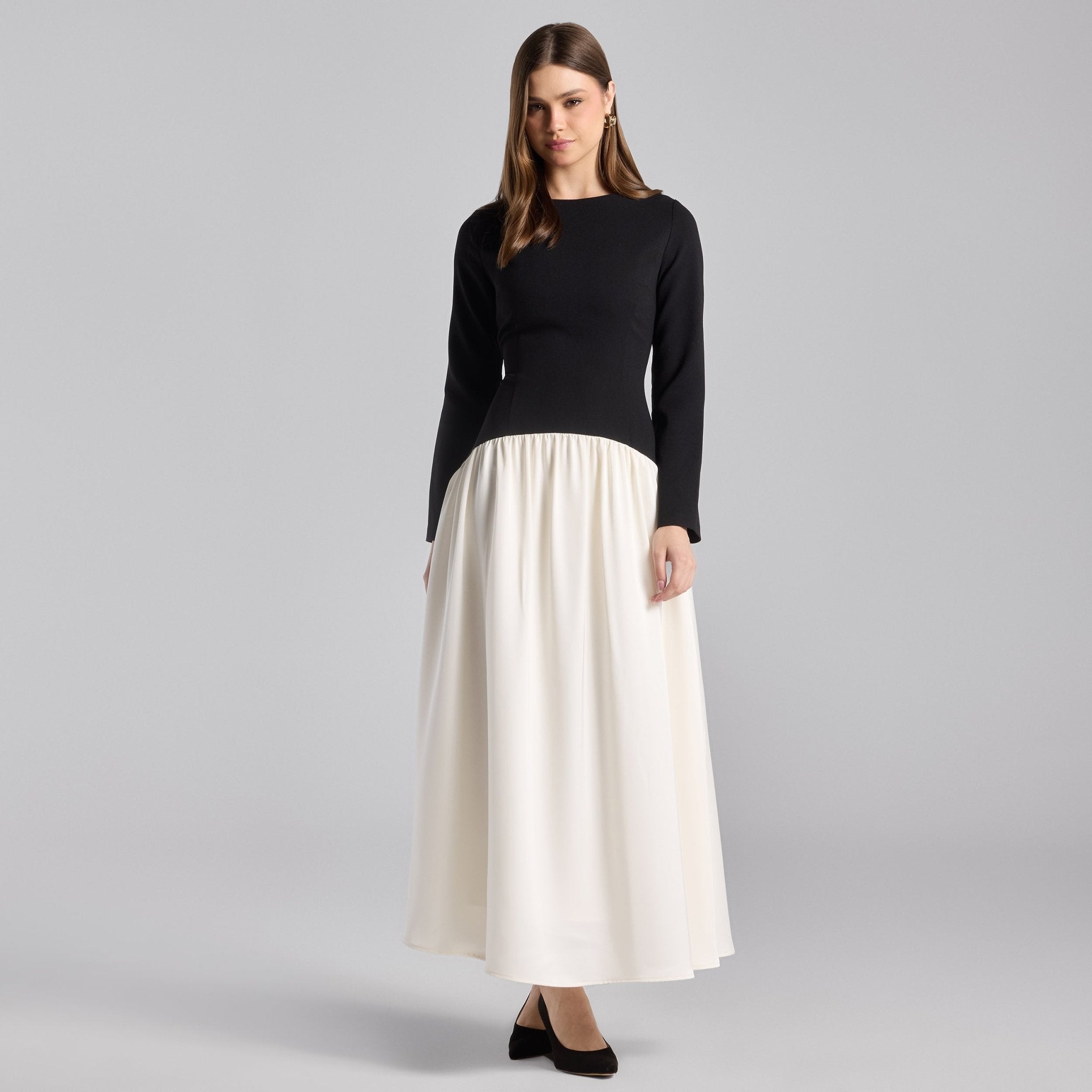 Black & White Crepe and Satin Flared Skirt Midi Dress - shopaleena