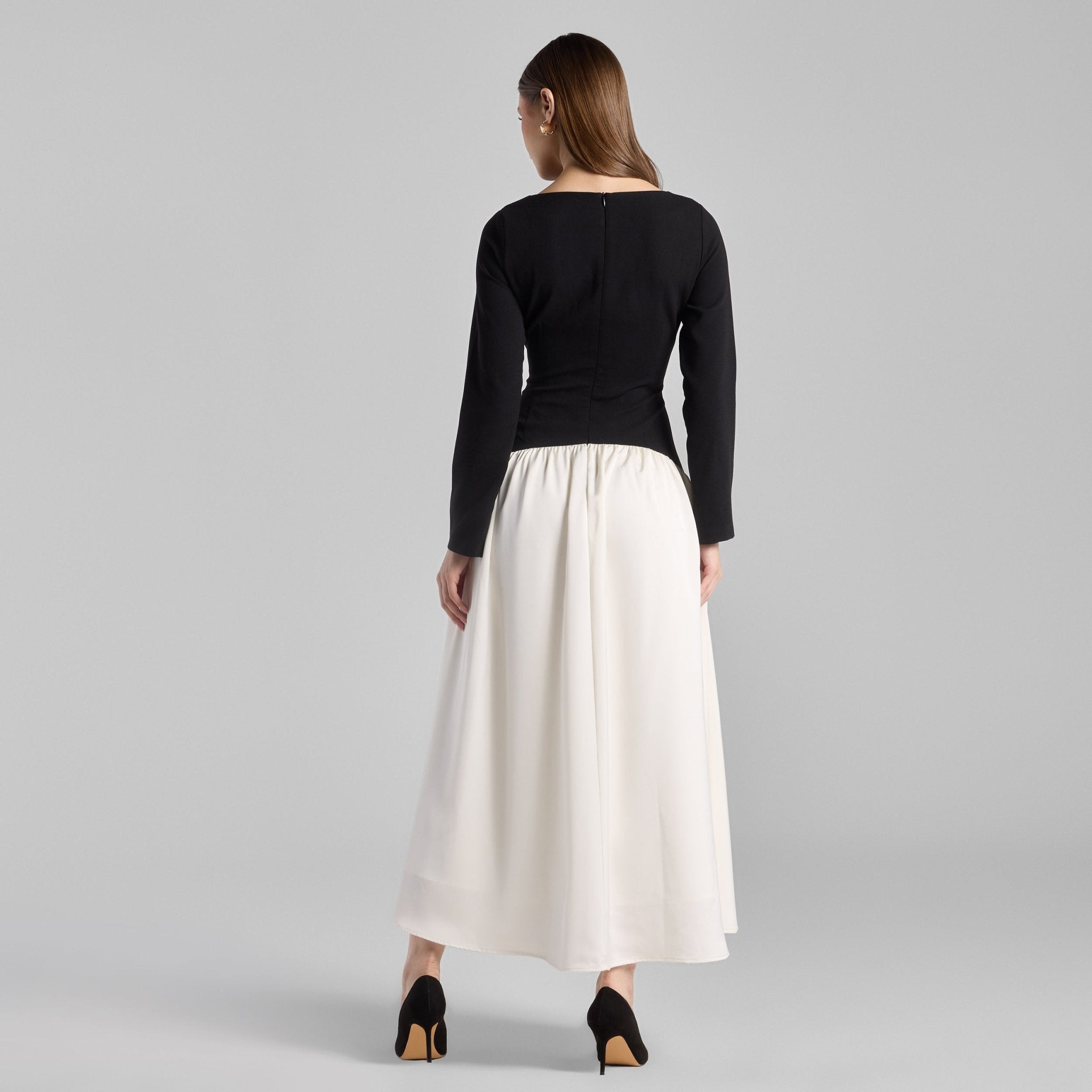 Black & White Crepe and Satin Flared Skirt Midi Dress - shopaleena