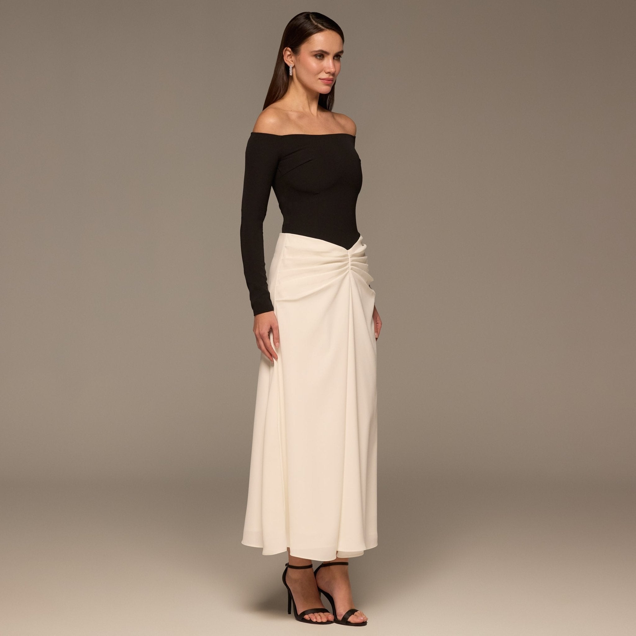 Black & White Crepe Chiffon Draped Maxi - shopaleena