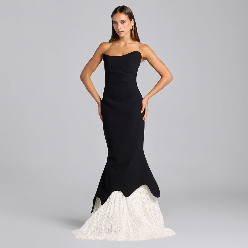 Black & White Crepe - Lace Mermaid Gown - shopaleena