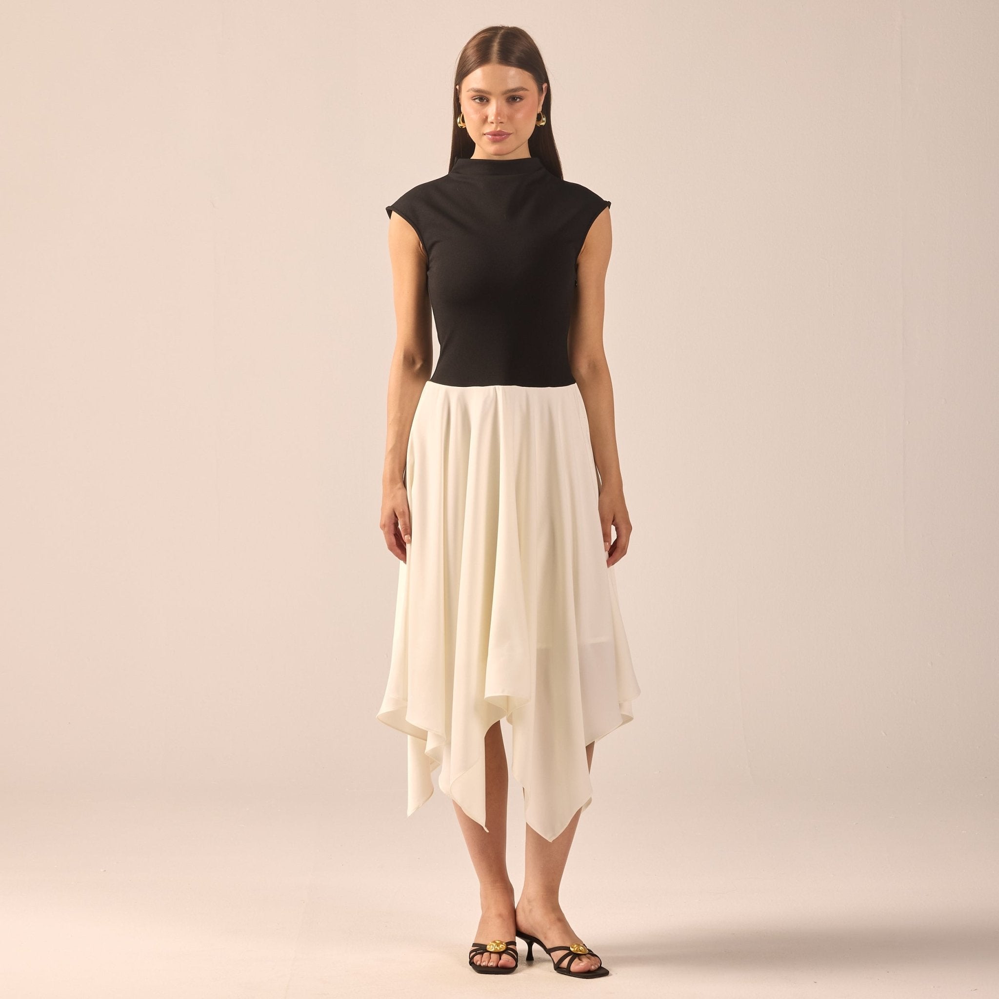 Black & White Crepe-Satin Midi Dress - shopaleena