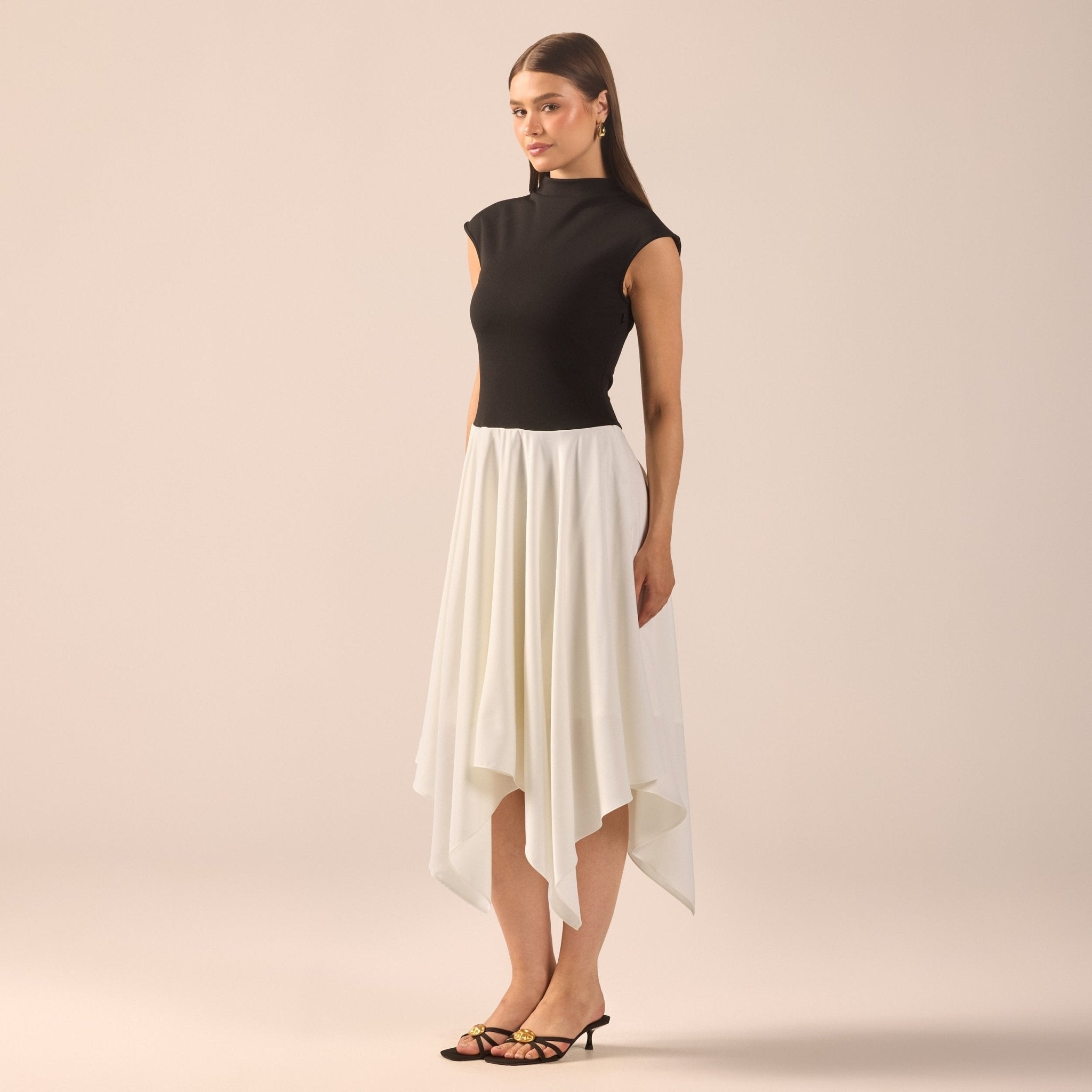Black & White Crepe-Satin Midi Dress - shopaleena