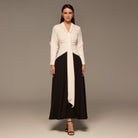 Black & White Draped Crepe Dress with Scarf - shopaleena