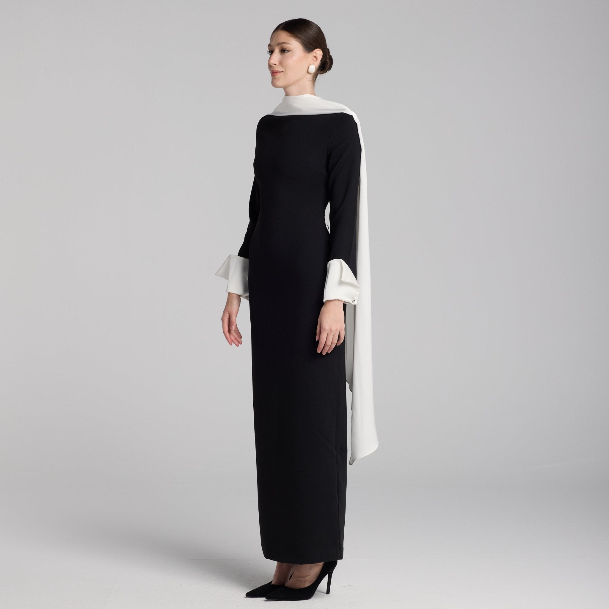 Black & White Draped Crepe Dress - shopaleena