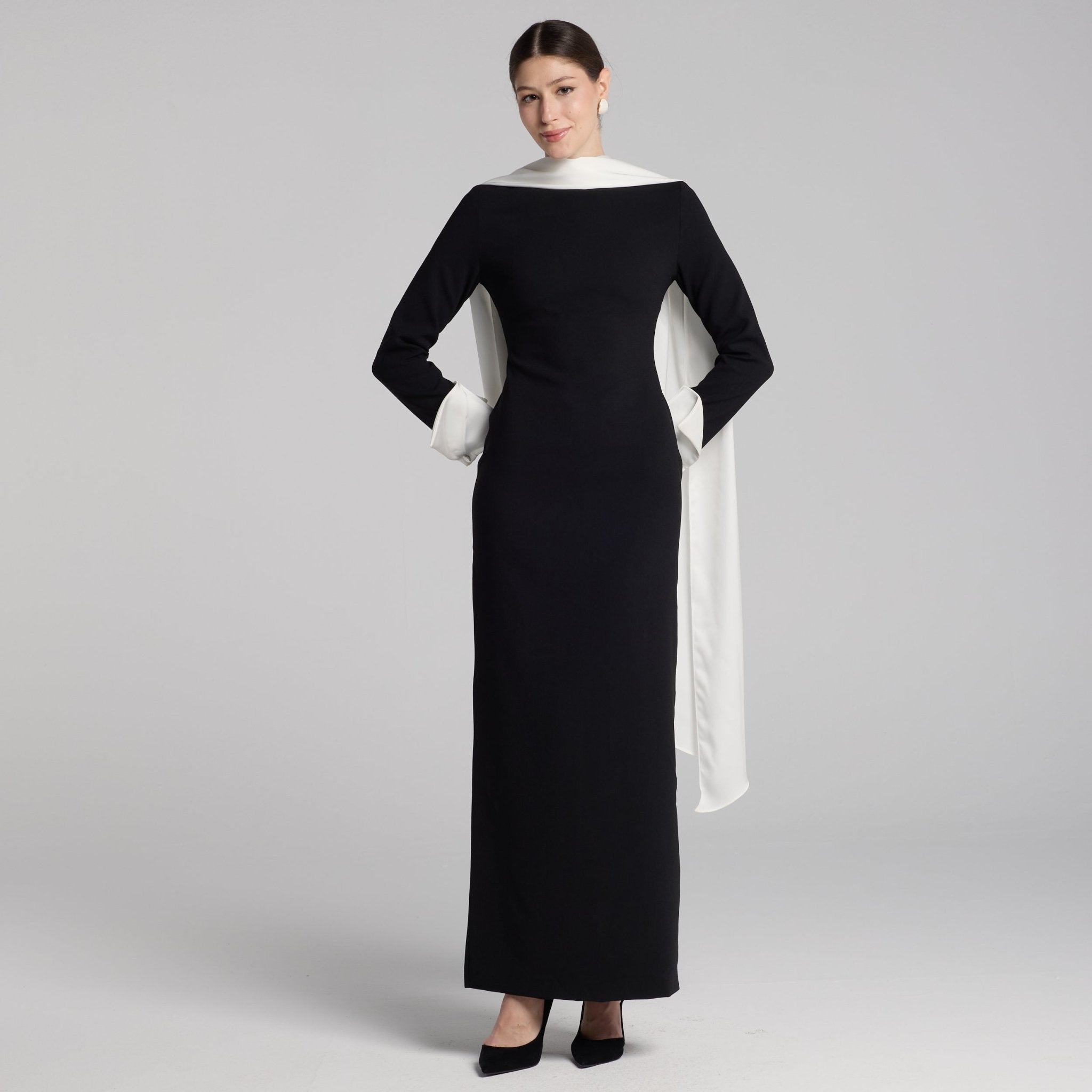 Black & White Draped Crepe Dress - shopaleena