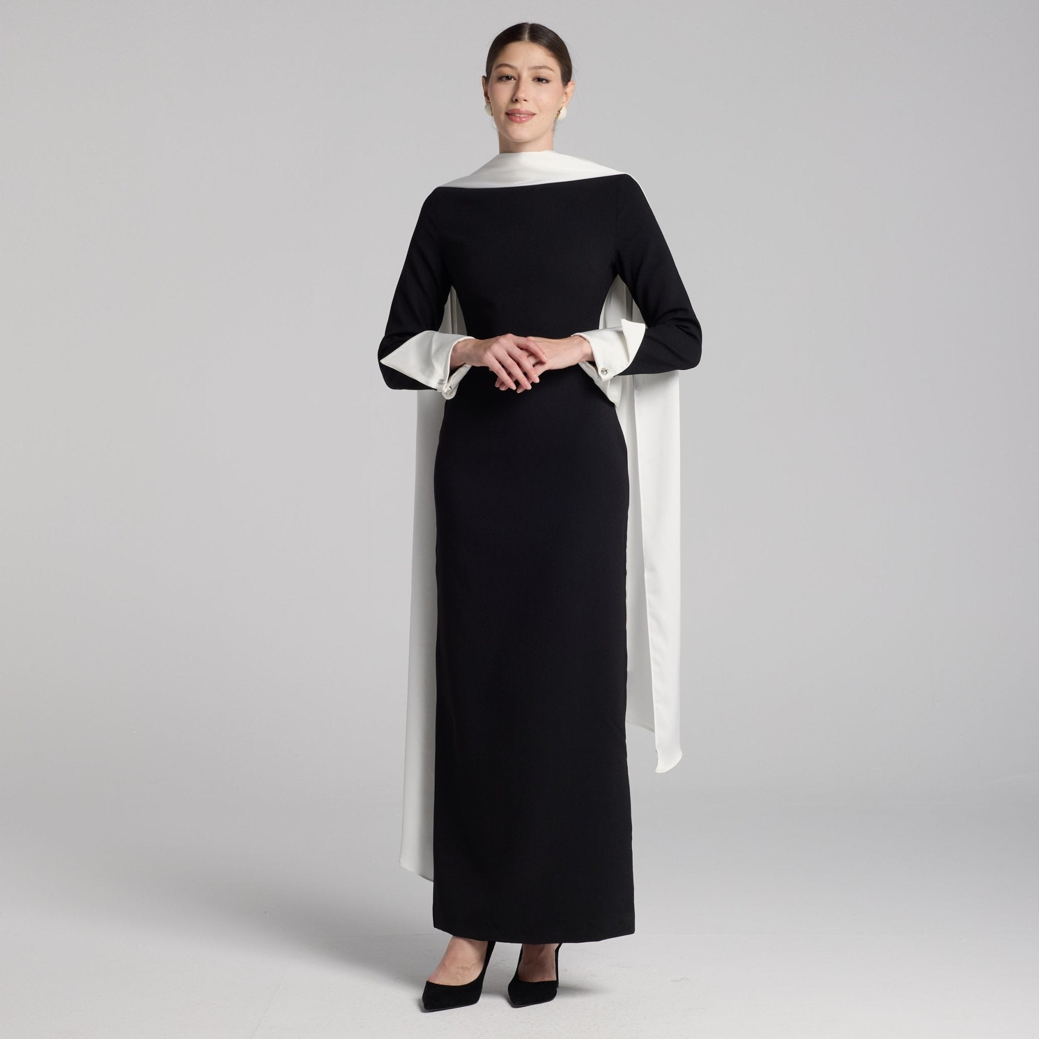 Black & White Draped Crepe Dress - shopaleena