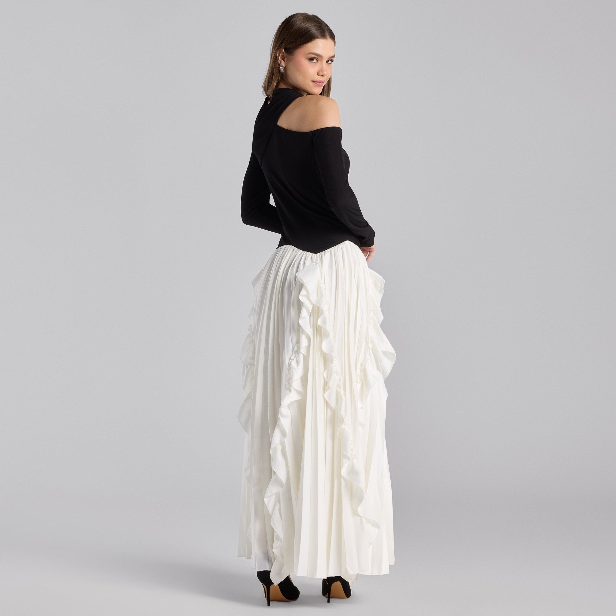 Black & White Draped Jersey & Satin Pleated Maxi Dress - shopaleena