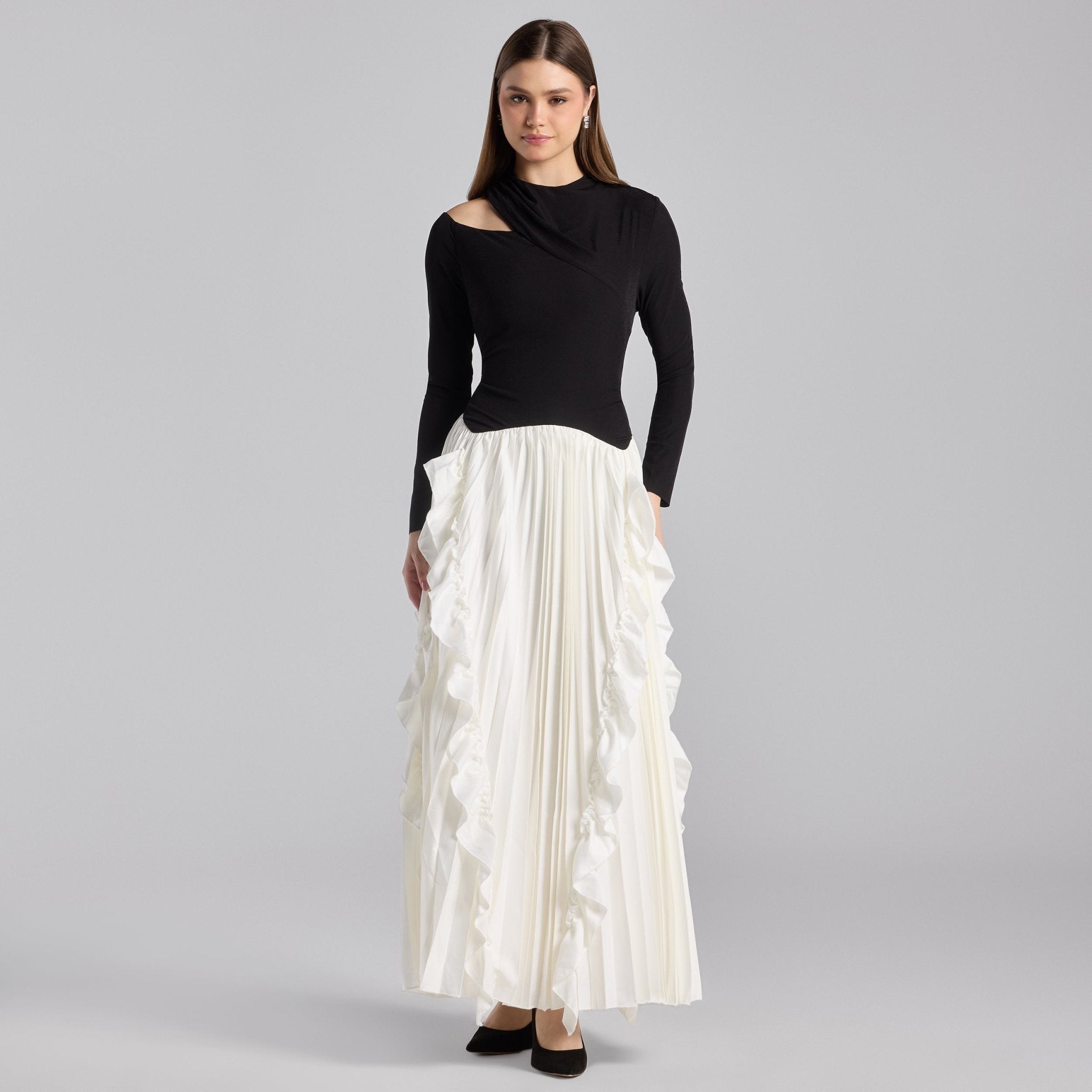 Black & White Draped Jersey & Satin Pleated Maxi Dress - shopaleena