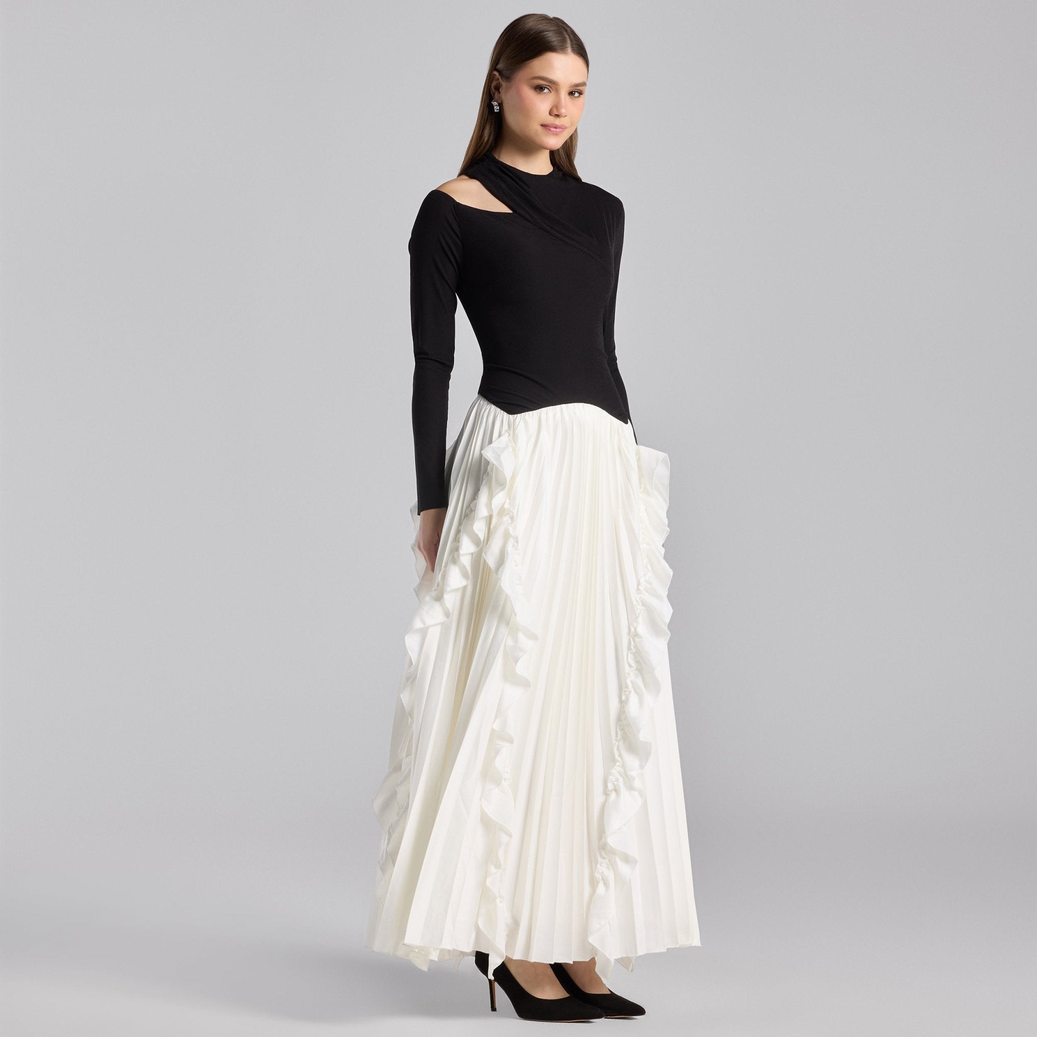 Black & White Draped Jersey & Satin Pleated Maxi Dress - shopaleena