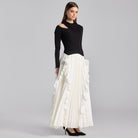 Black & White Draped Jersey & Satin Pleated Maxi Dress - shopaleena