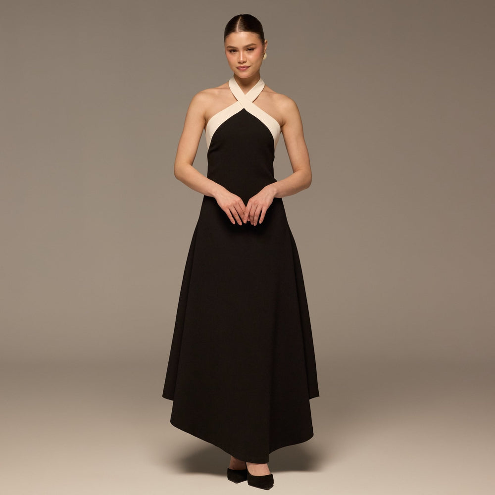 Black & White Halter Crepe Maxi Dress - shopaleena