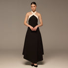 Black & White Halter Crepe Maxi Dress - shopaleena