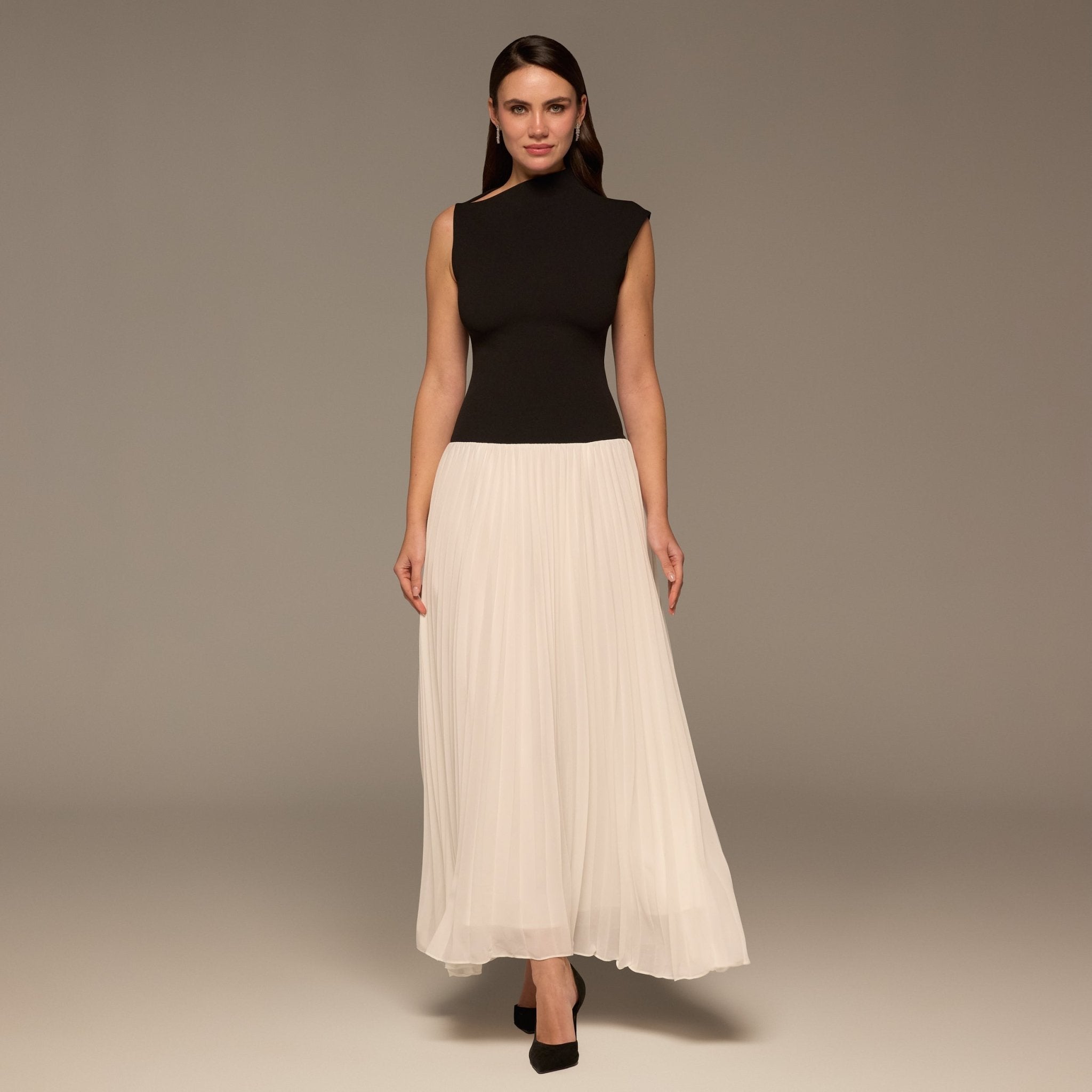 Black & White Oblique Neck Pleated Maxi Dress - shopaleena