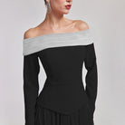 Black & White Off - Shoulder Long - Sleeve Evening Gown - shopaleena