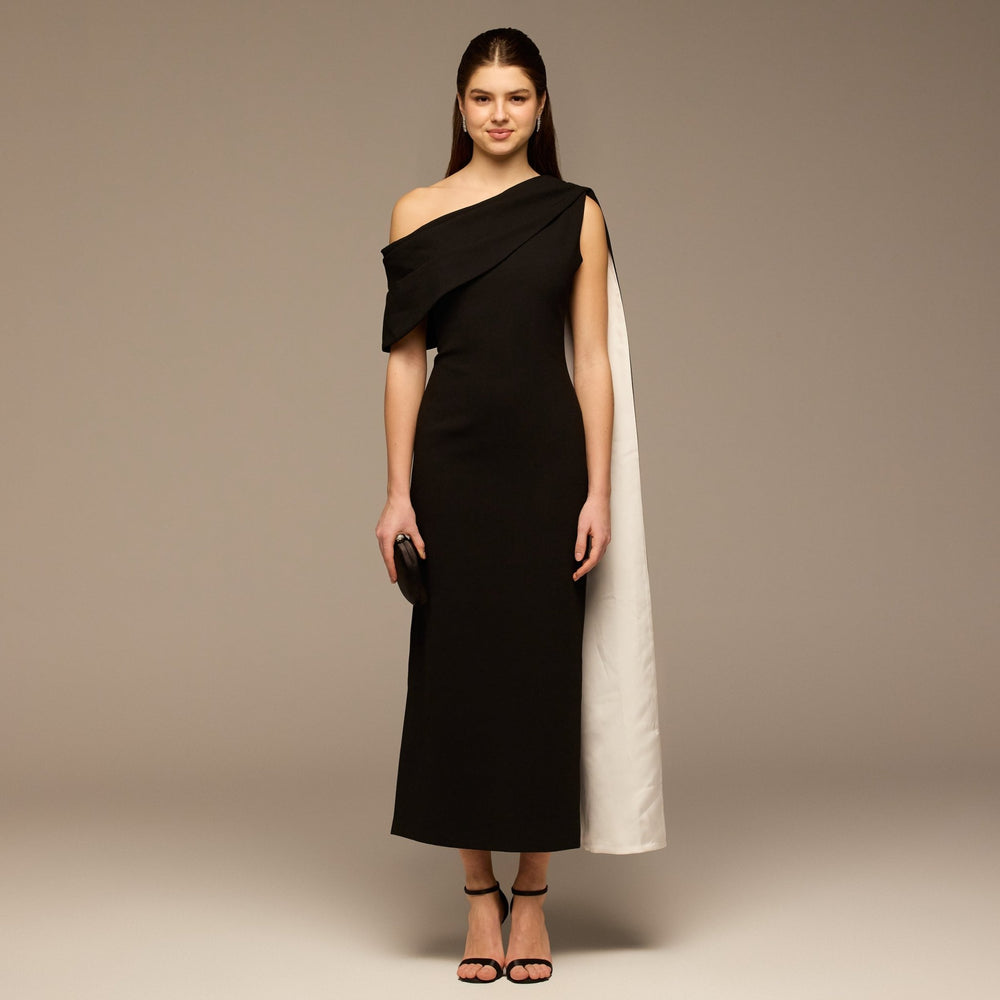 Black & White One - Shoulder Crepe and Satin Dress - shopaleena