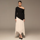 Black & White One - shoulder Crepe Dress With Pleated Skirt - shopaleena