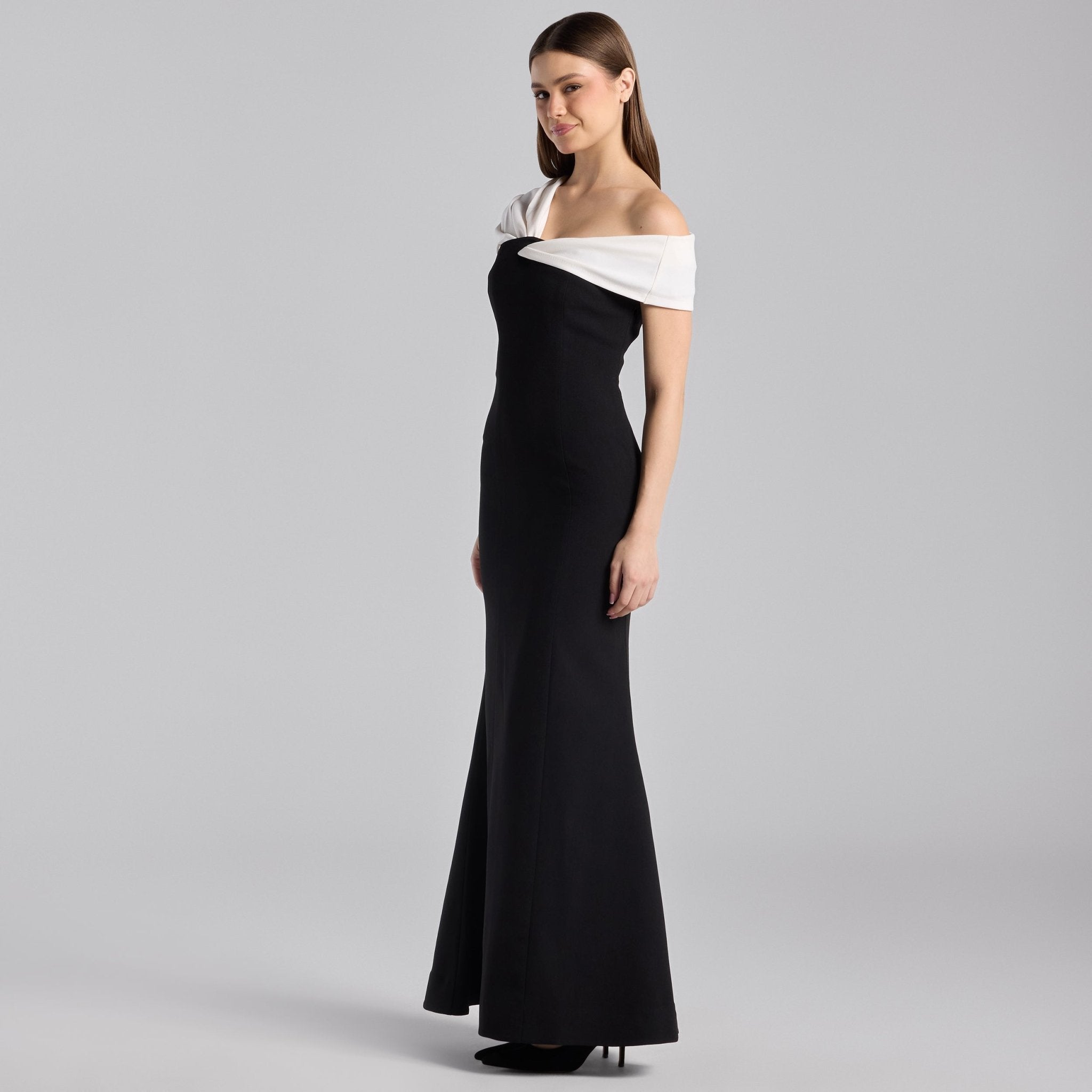 Black & White Two - Tone Off - Shoulder Crepe Maxi Dress - shopaleena