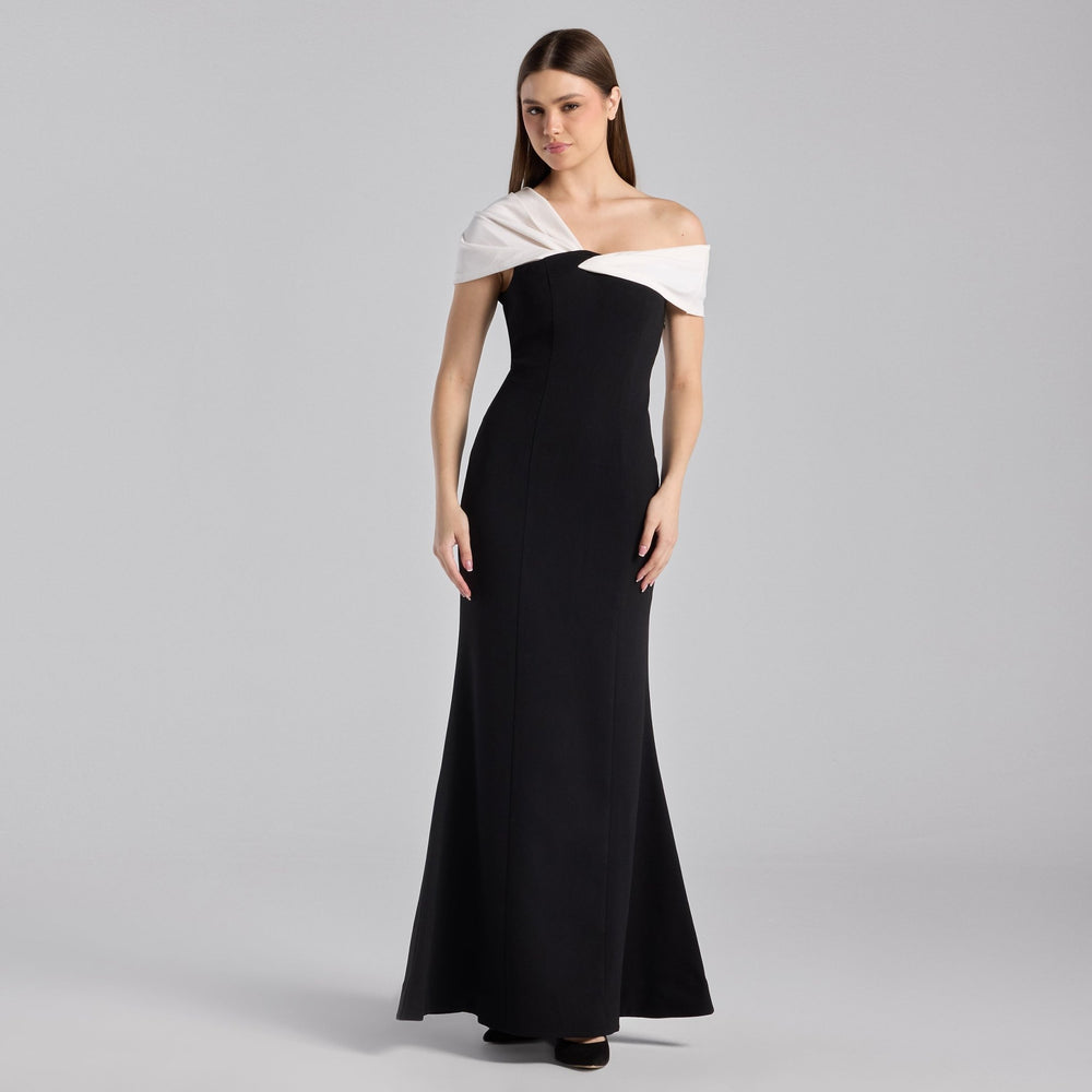 Black & White Two-Tone Off-Shoulder Crepe Maxi Dress shopaleena Black & White Two-Tone Off-Shoulder Crepe Maxi Dress shopaleena