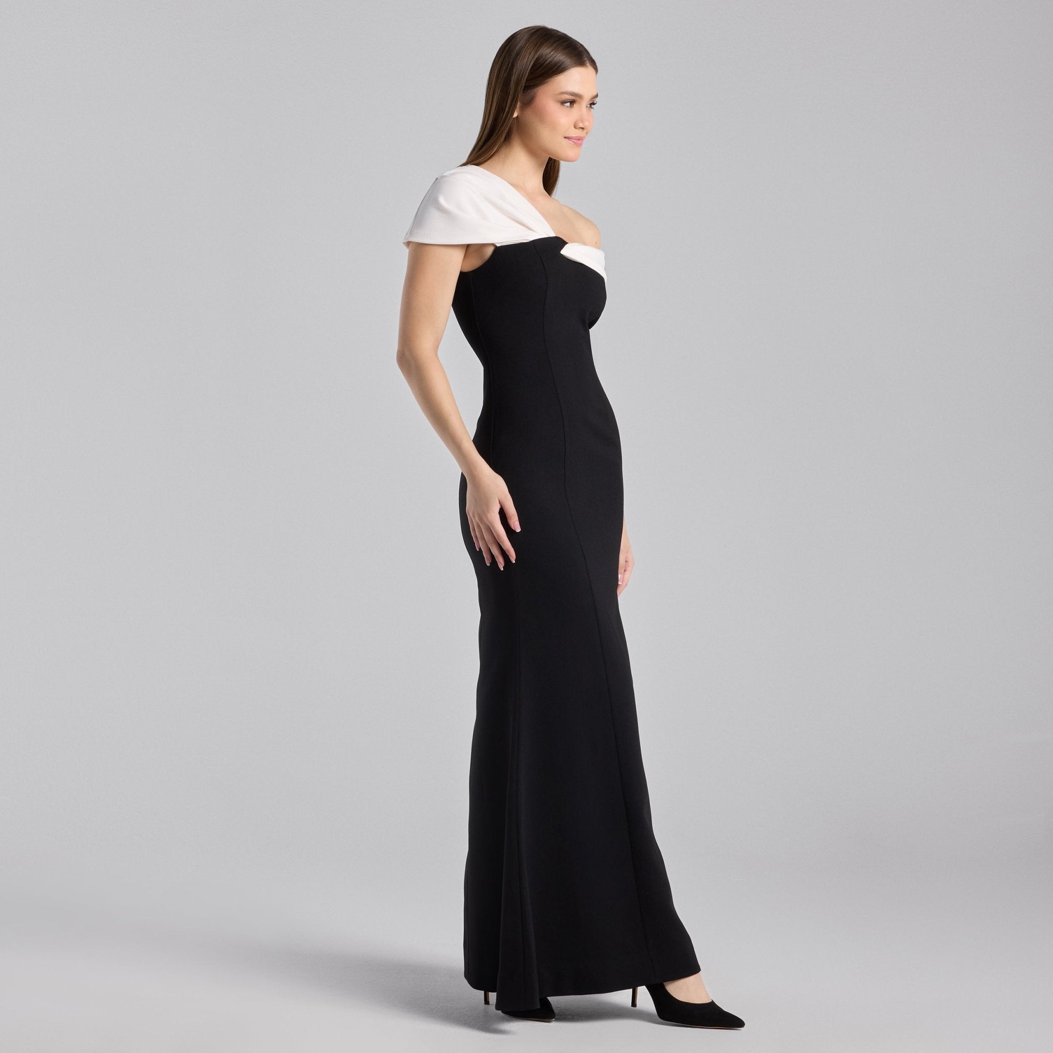 Black & White Two - Tone Off - Shoulder Crepe Maxi Dress - shopaleena
