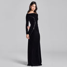 Black & White Velvet Draped Crystal Trim Maxi Dress - shopaleena