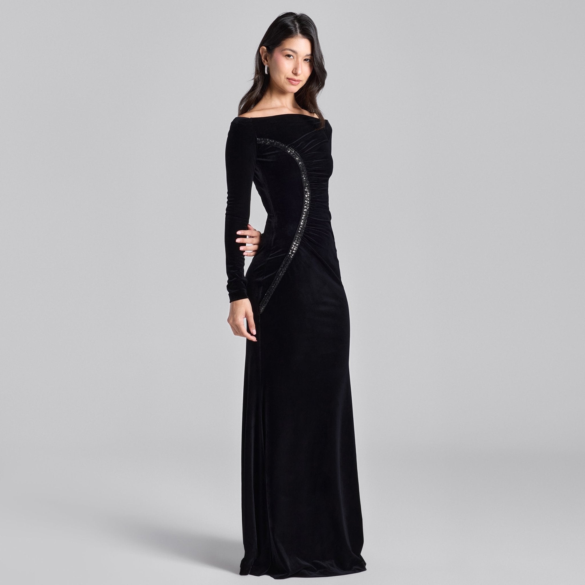 Black & White Velvet Draped Crystal Trim Maxi Dress - shopaleena