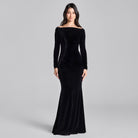 Black & White Velvet Draped Crystal Trim Maxi Dress - shopaleena