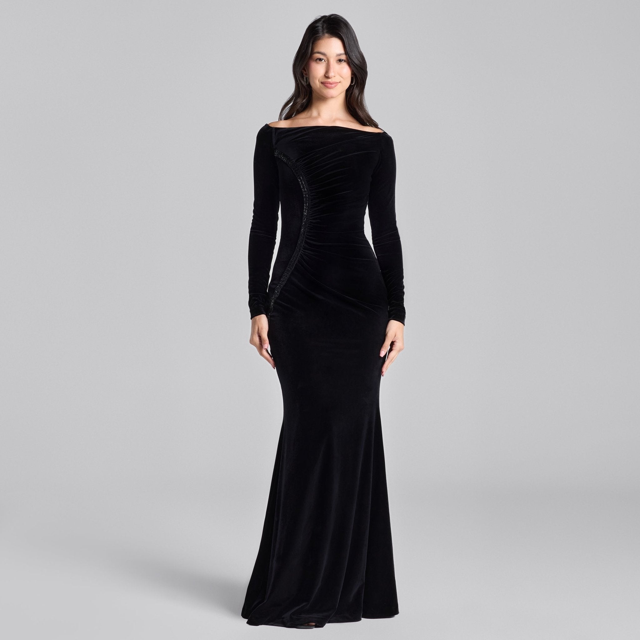 Black & White Velvet Draped Crystal Trim Maxi Dress - shopaleena