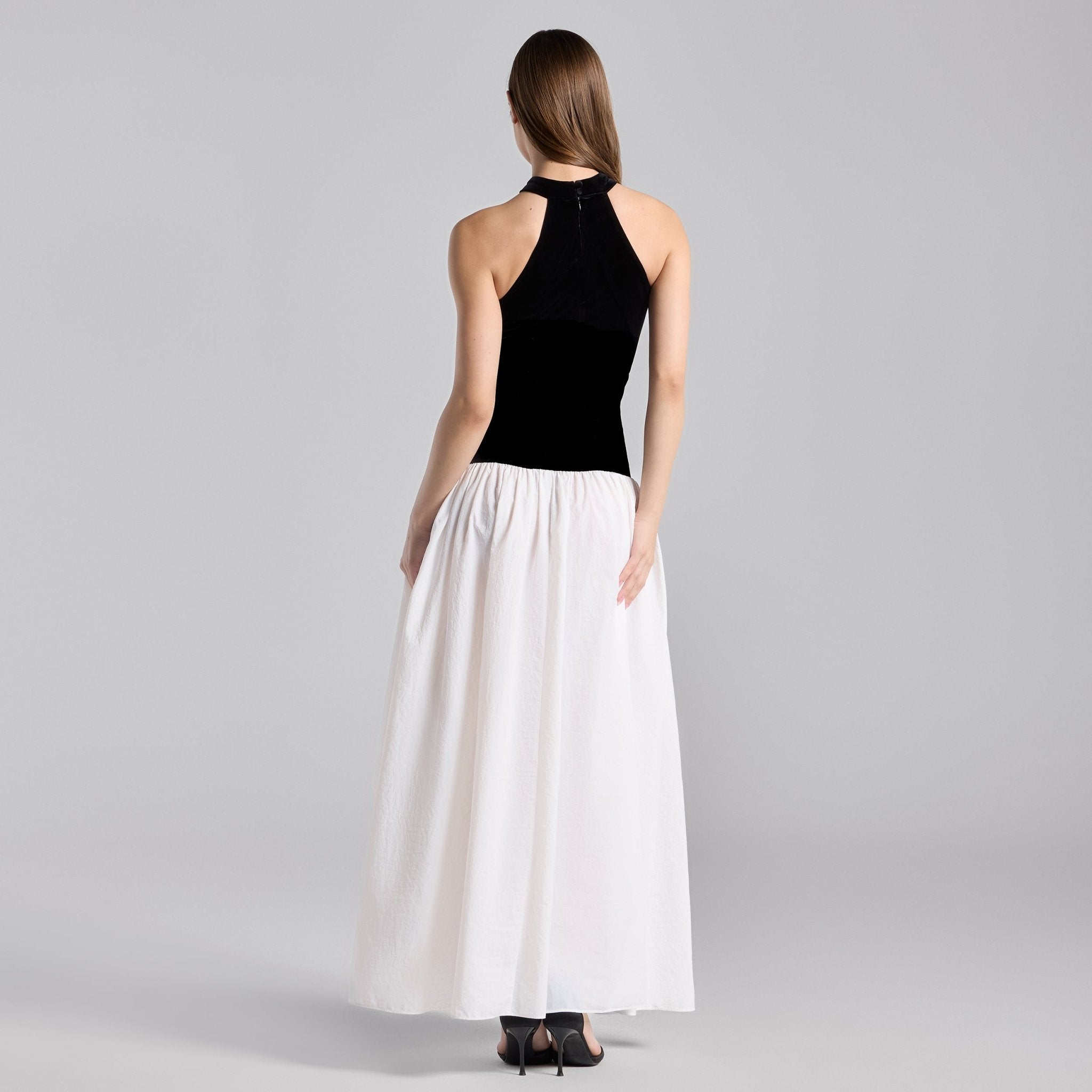 Black & White Velvet - Taffeta Halter Dress - shopaleena