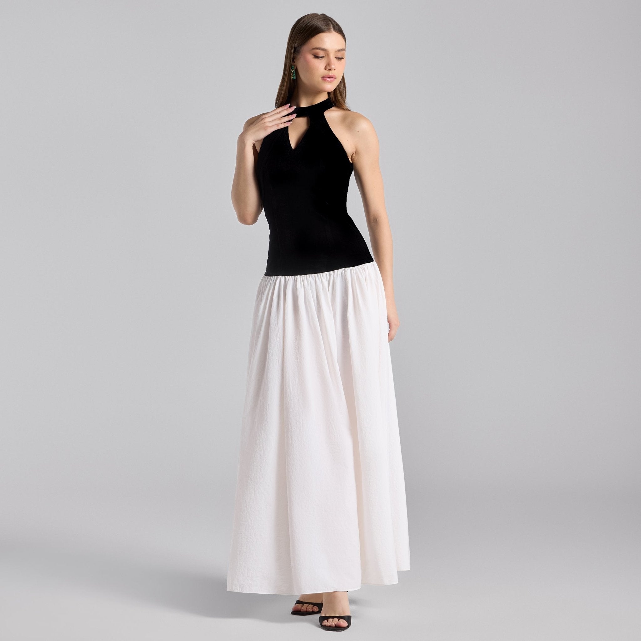Black & White Velvet - Taffeta Halter Dress - shopaleena