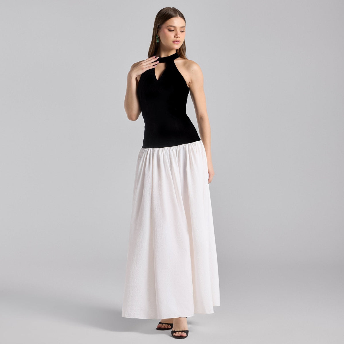 Black & White Velvet - Taffeta Halter Dress - shopaleena